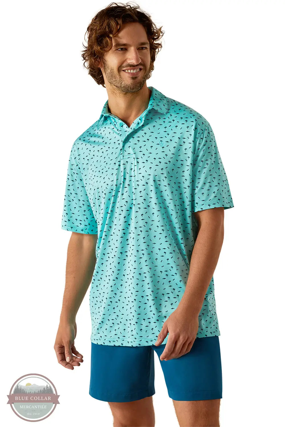 Ariat 10054867 Short Sleeve Charger 2.0 Printed Polo Shirt in Teal, front