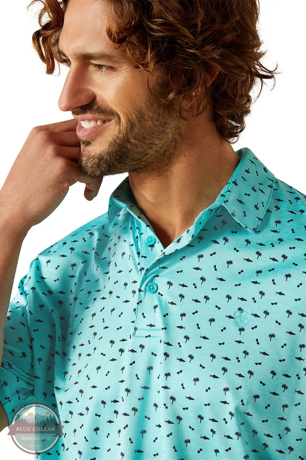 Ariat 10054867 Short Sleeve Charger 2.0 Printed Polo Shirt in Teal, zoom