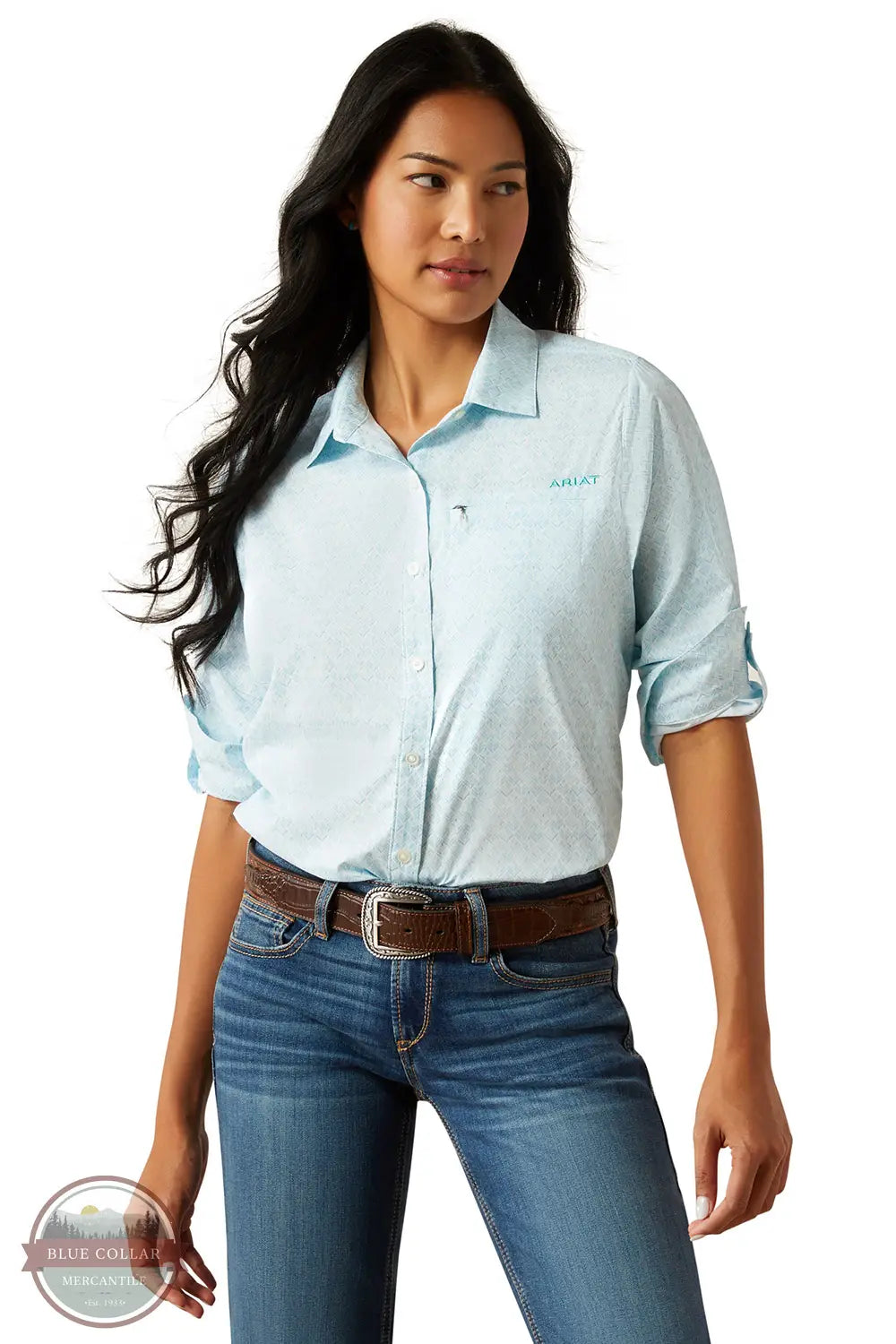 Ariat 10055207 VentTEK Allover Print Long Sleeve Shirt in Light Teal, front