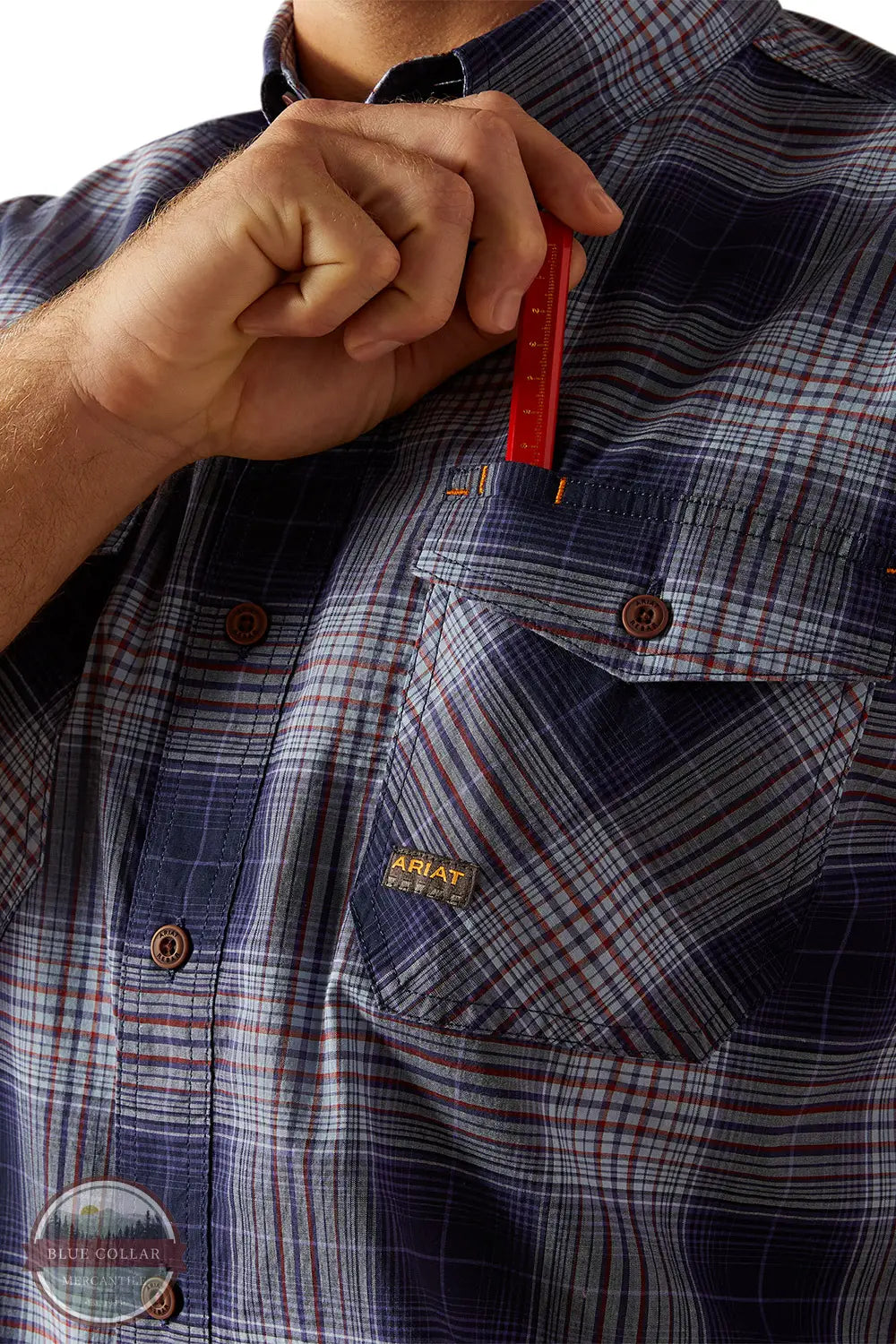 Ariat 10055264 Rebar Made Tough DuraStretch Plaid Short Sleeve Shirt in Blue Plaid, pocket