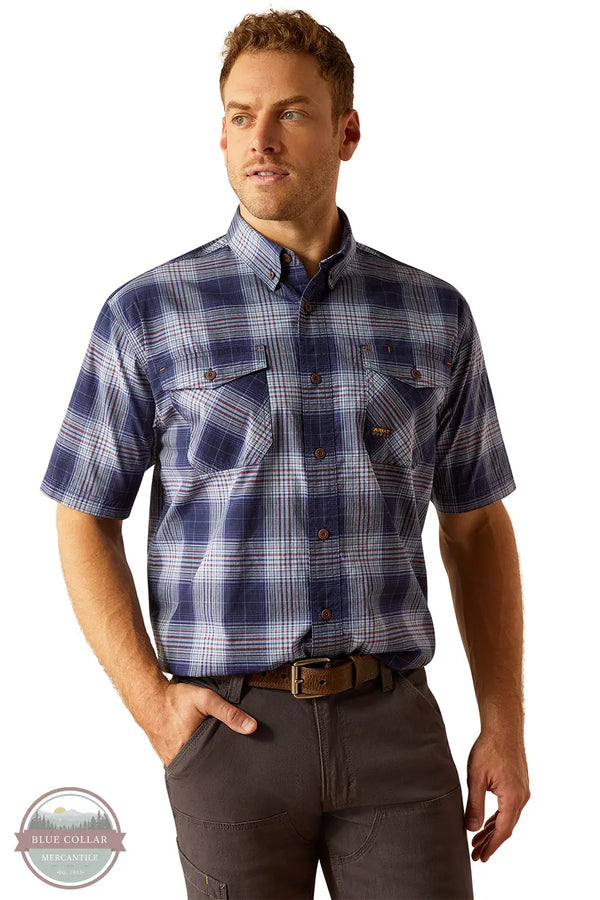 Ariat 10055264 Rebar Made Tough DuraStretch Plaid Short Sleeve Shirt in Blue Plaid, front