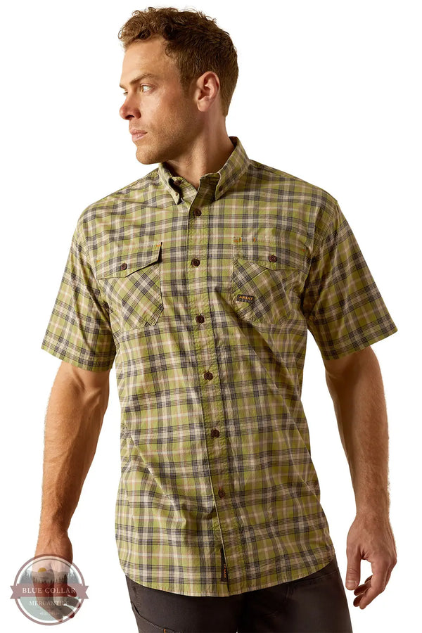 Ariat 10055265 Rebar Made Tough DuraStretch Plaid Short Sleeve Shirt in Green Plaid, front