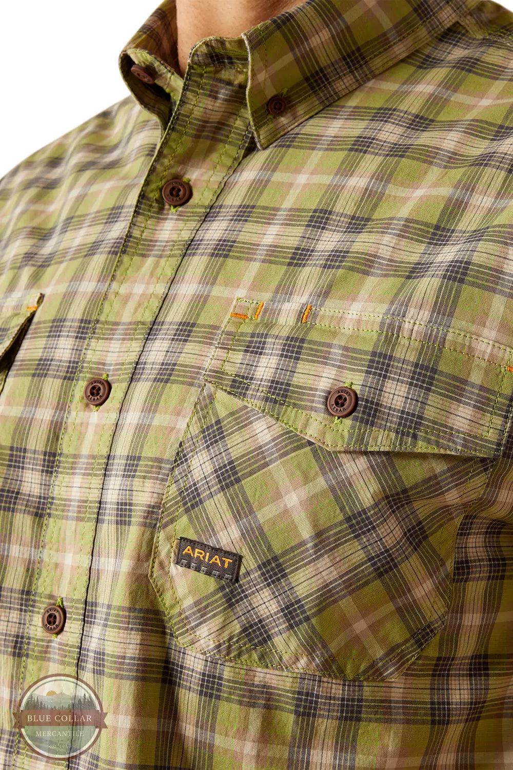 Ariat 10055265 Rebar Made Tough DuraStretch Plaid Short Sleeve Shirt in Green Plaid, pocket