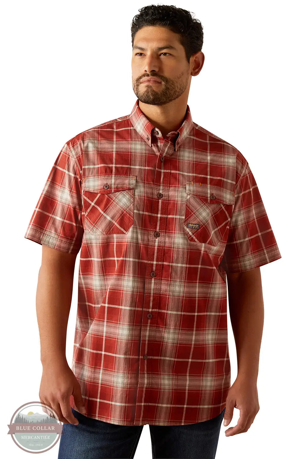 Ariat 10055266 Rebar Made Tough DuraStretch Plaid Short Sleeve Shirt in Red Plaid model front view