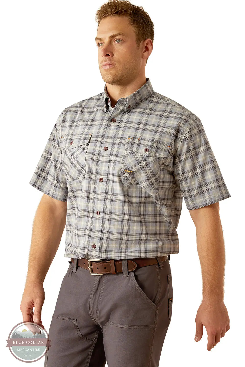 Ariat 10058535 Rebar Made Tough DuraStretch Plaid Short Sleeve Shirt in Gray Plaid, front