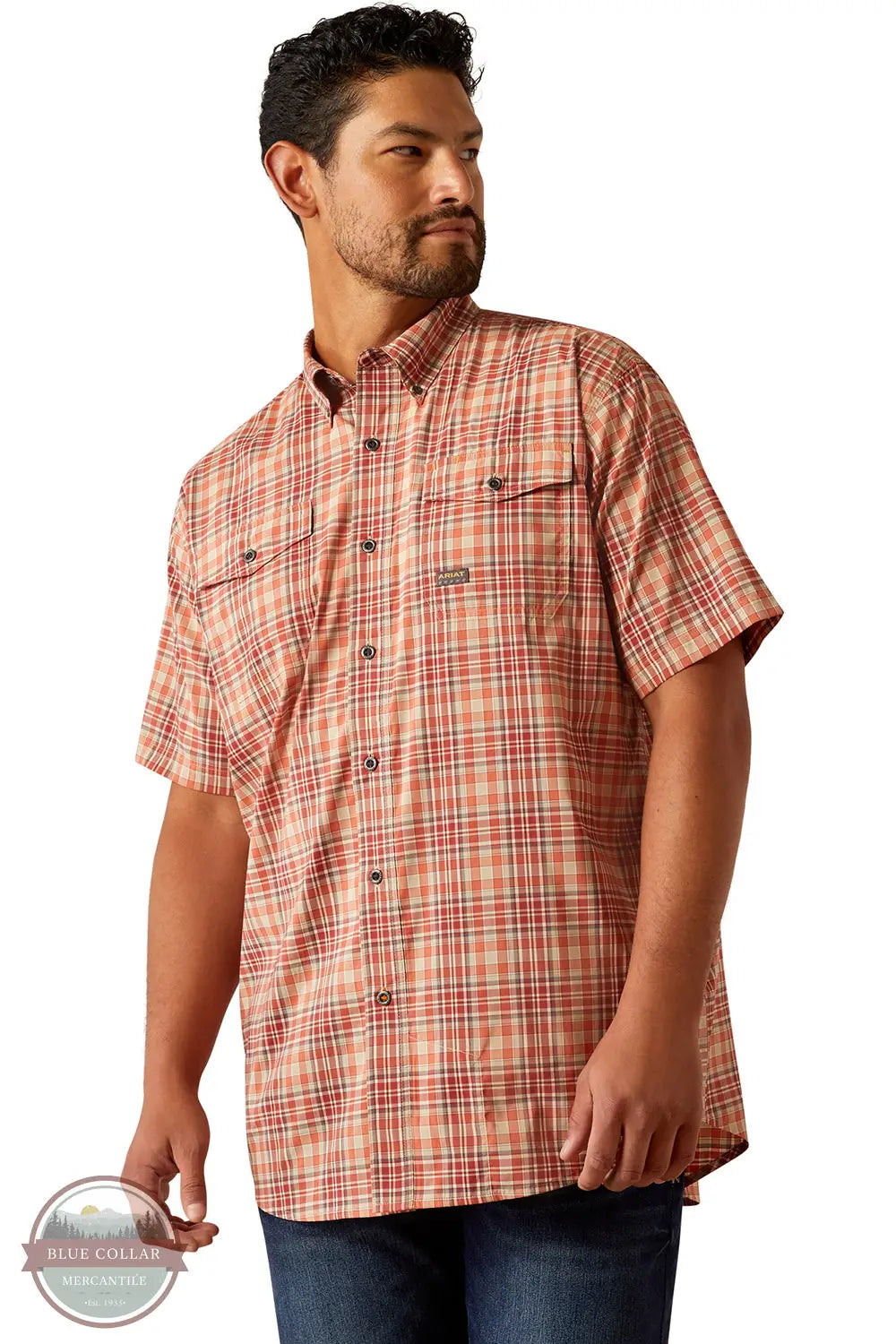 Ariat 10058536 Rebar Made Tough VentTEK DuraStretch Short Sleeve Shirt in Red Orange, front