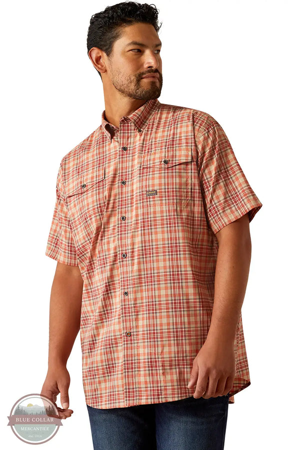 Ariat 10058536 Rebar Made Tough VentTEK DuraStretch Short Sleeve Shirt in Red Orange, front
