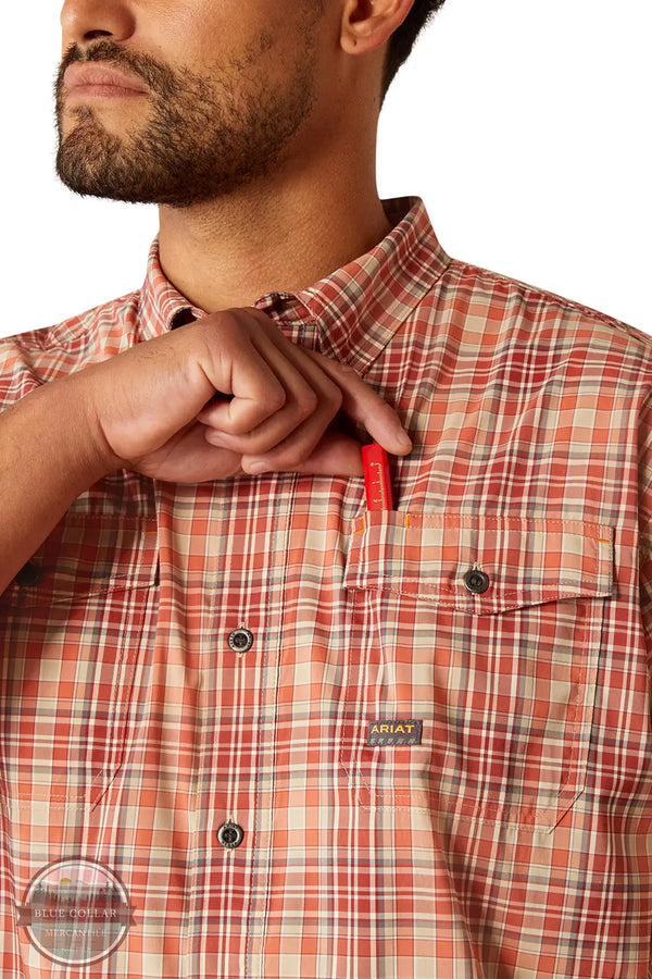 Ariat 10058536 Rebar Made Tough VentTEK DuraStretch Short Sleeve Shirt in Red Orange, pocket