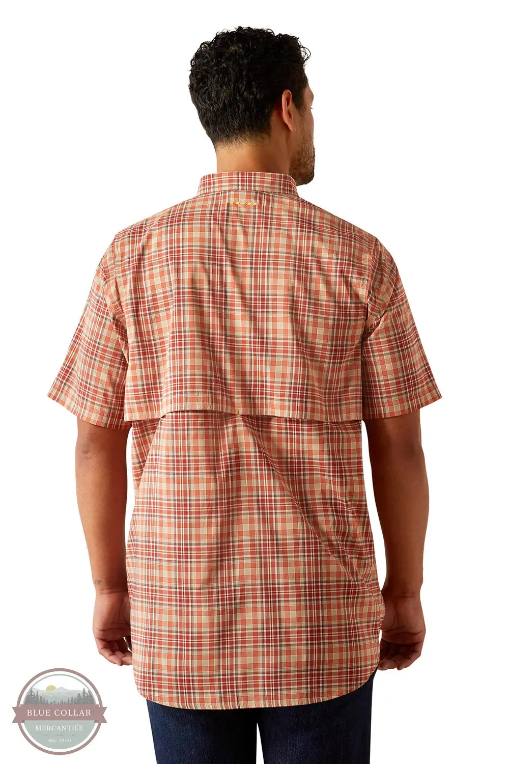 Ariat 10058536 Rebar Made Tough VentTEK DuraStretch Short Sleeve Shirt in Red Orange, rear