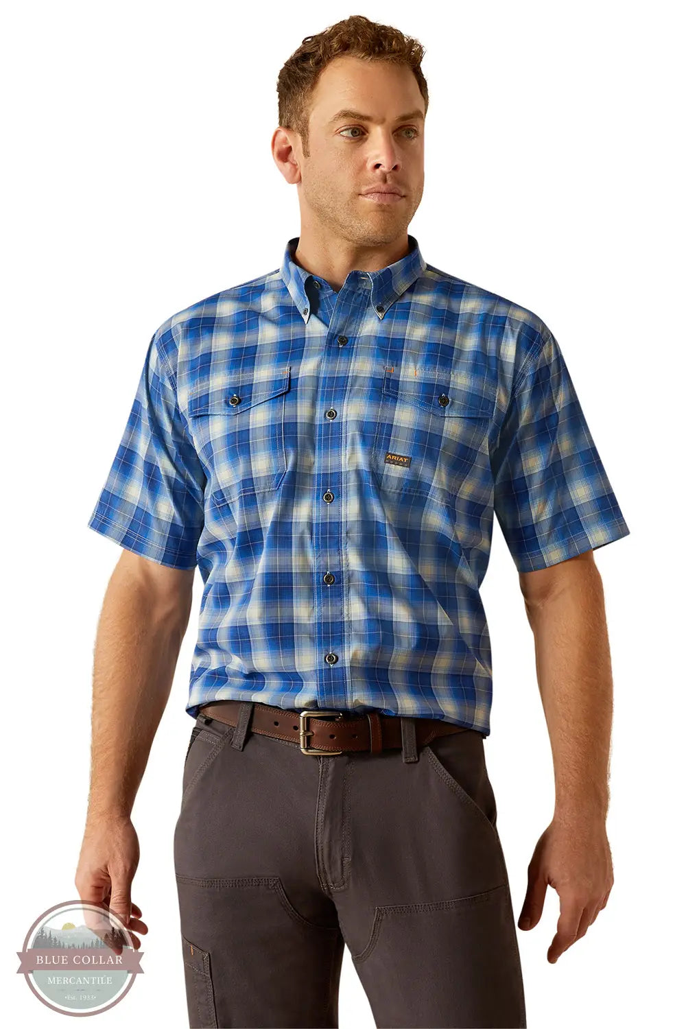 Ariat 10058537 Rebar Made Tough VentTEK DuraStretch Short Sleeve Shirt in Blue Plaid model front view