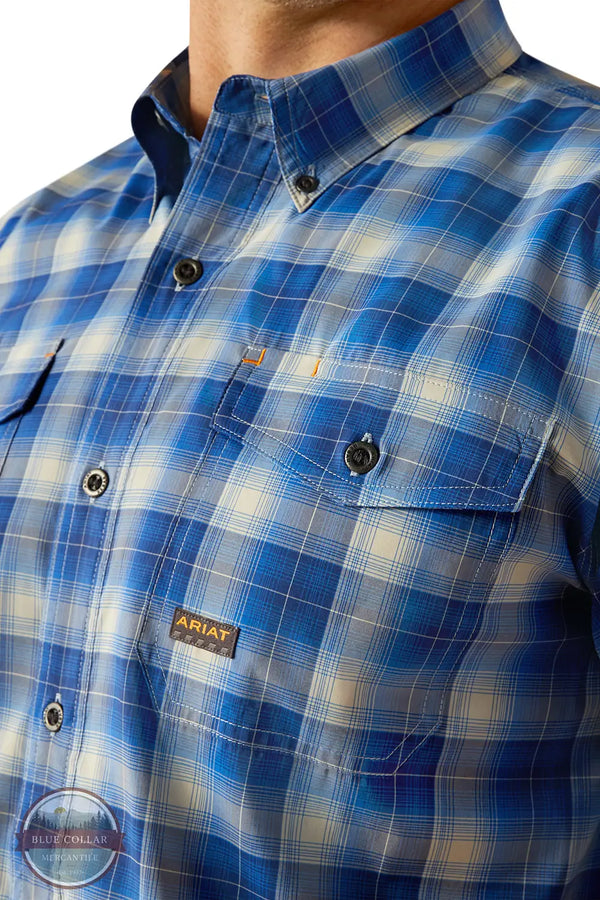 Ariat 10058537 Rebar Made Tough VentTEK DuraStretch Short Sleeve Shirt in Blue Plaid pocket detail view