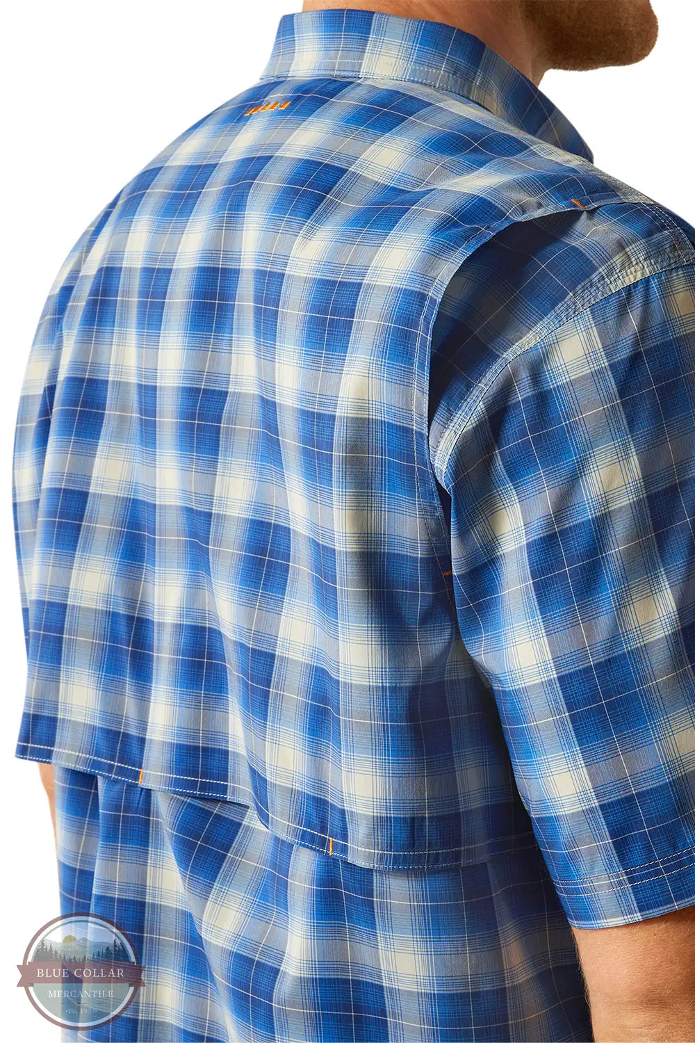 Ariat 10058537 Rebar Made Tough VentTEK DuraStretch Short Sleeve Shirt in Blue Plaid back vent detail view