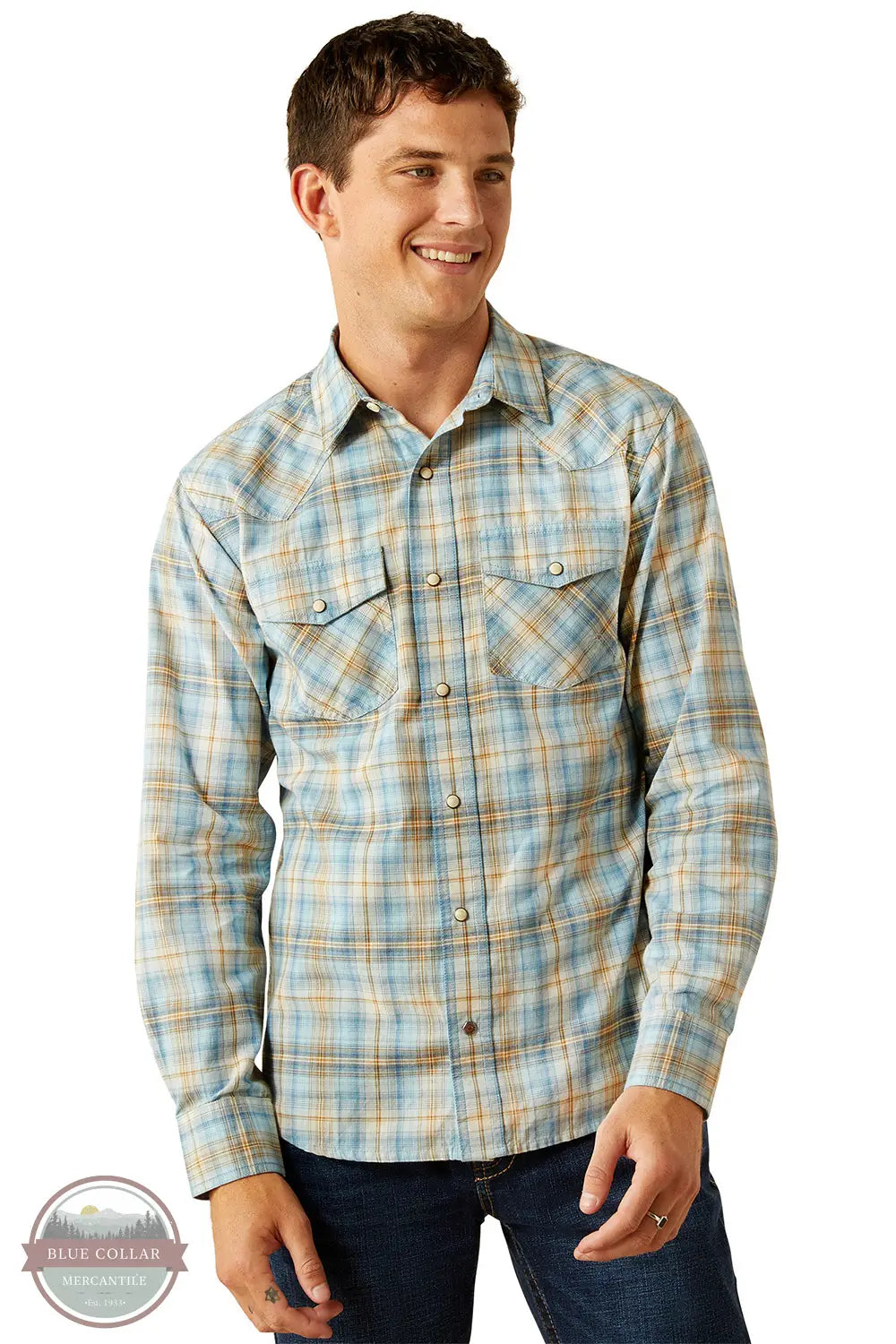 Ariat 10058701 Howe Retro Fit Long Sleeve Shirt in Blue & Tan, front