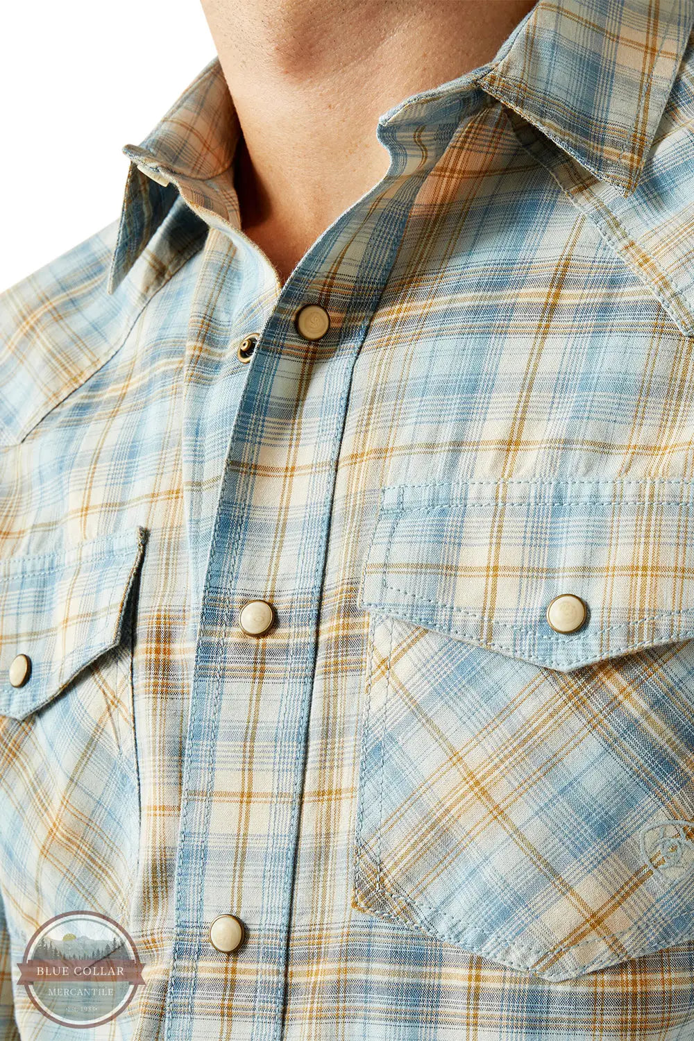 Ariat 10058701 Howe Retro Fit Long Sleeve Shirt in Blue & Tan, zoom