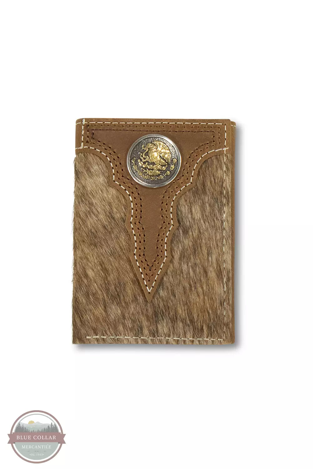 Ariat A3548802 Mexican Eagle Trifold Wallet in Tan with Calf Hair Front View