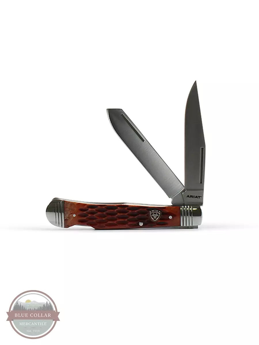 Ariat A710010902 Large Folding Double Blade Muskrat Pocket Knife in Brown Profile View