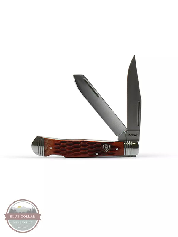 Ariat A710010902 Large Folding Double Blade Muskrat Pocket Knife in Brown Profile View