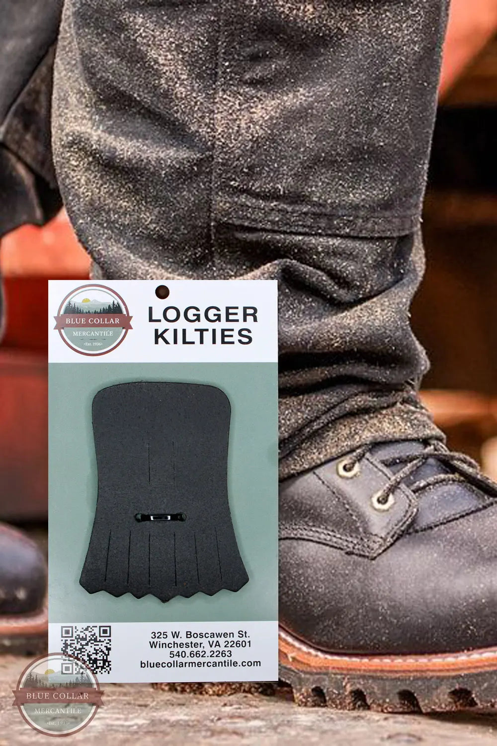 Black West-Tan Water Buffalo Logger Kilties shown with logger boots in background