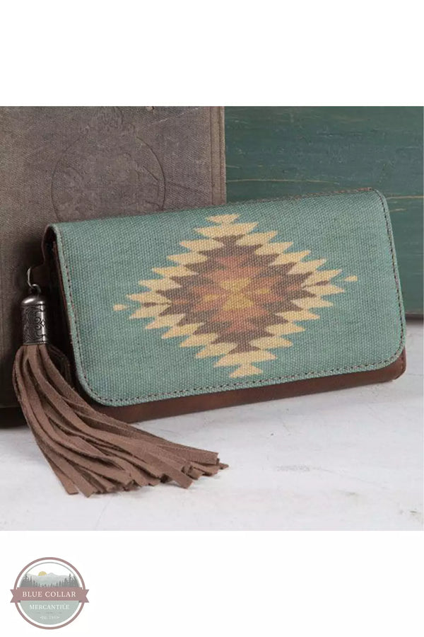 Blazin Roxx N7531502 Zapotec Clutch Wallet with Aztec Design & Fringe in Brown Front View