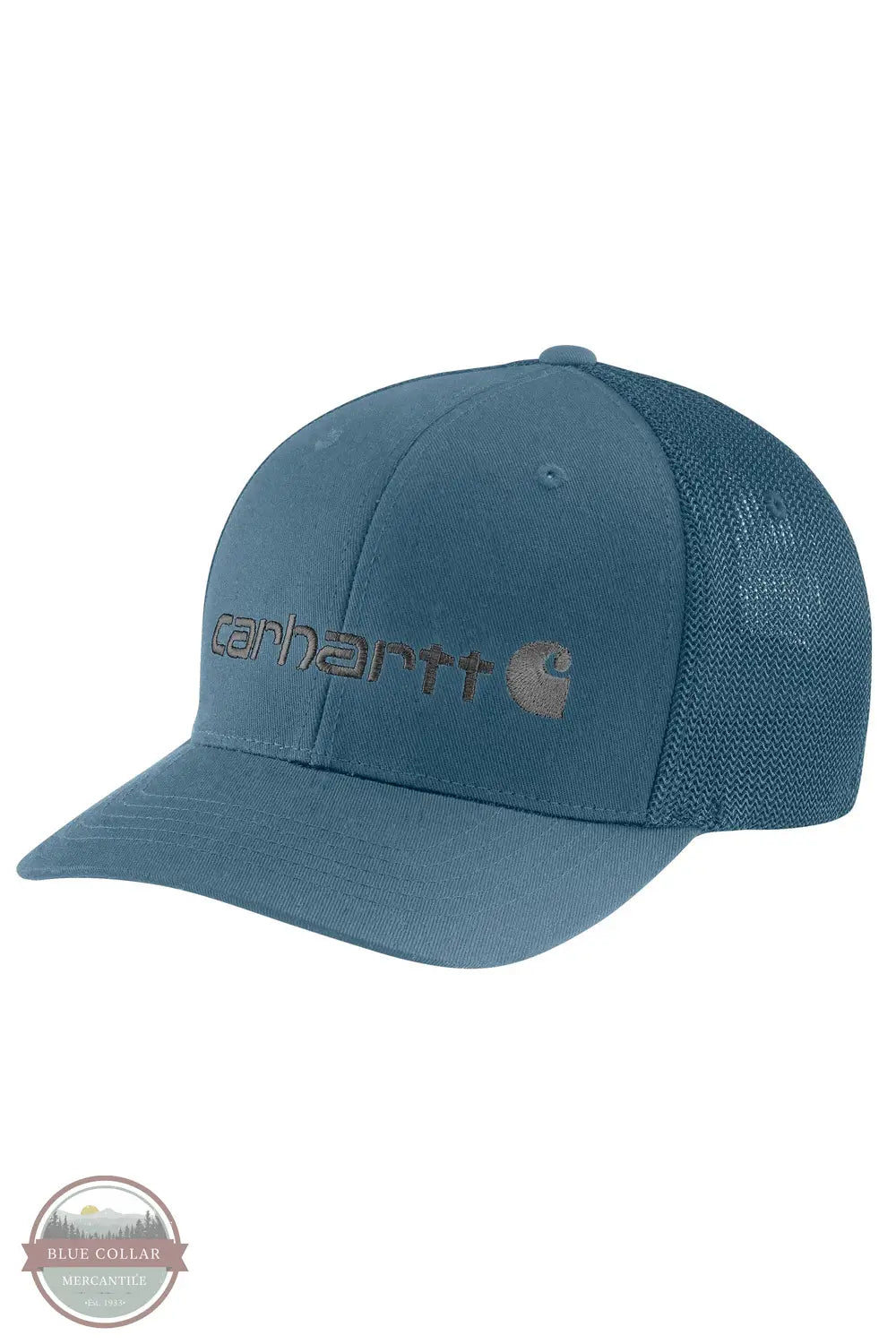 Carhartt 105353 Rugged Flex Fitted Canvas Mesh-Back Logo Graphic Cap Blue Front View