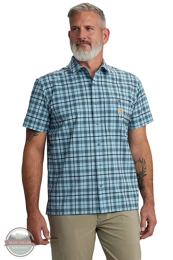 Carhartt 106747 Force Sun Relaxed Fit Plaid Short Sleeve Shirt in blue, front