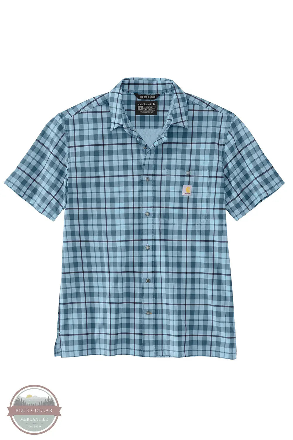 Carhartt 106747 Force Sun Relaxed Fit Plaid Short Sleeve Shirt in blue, flat image