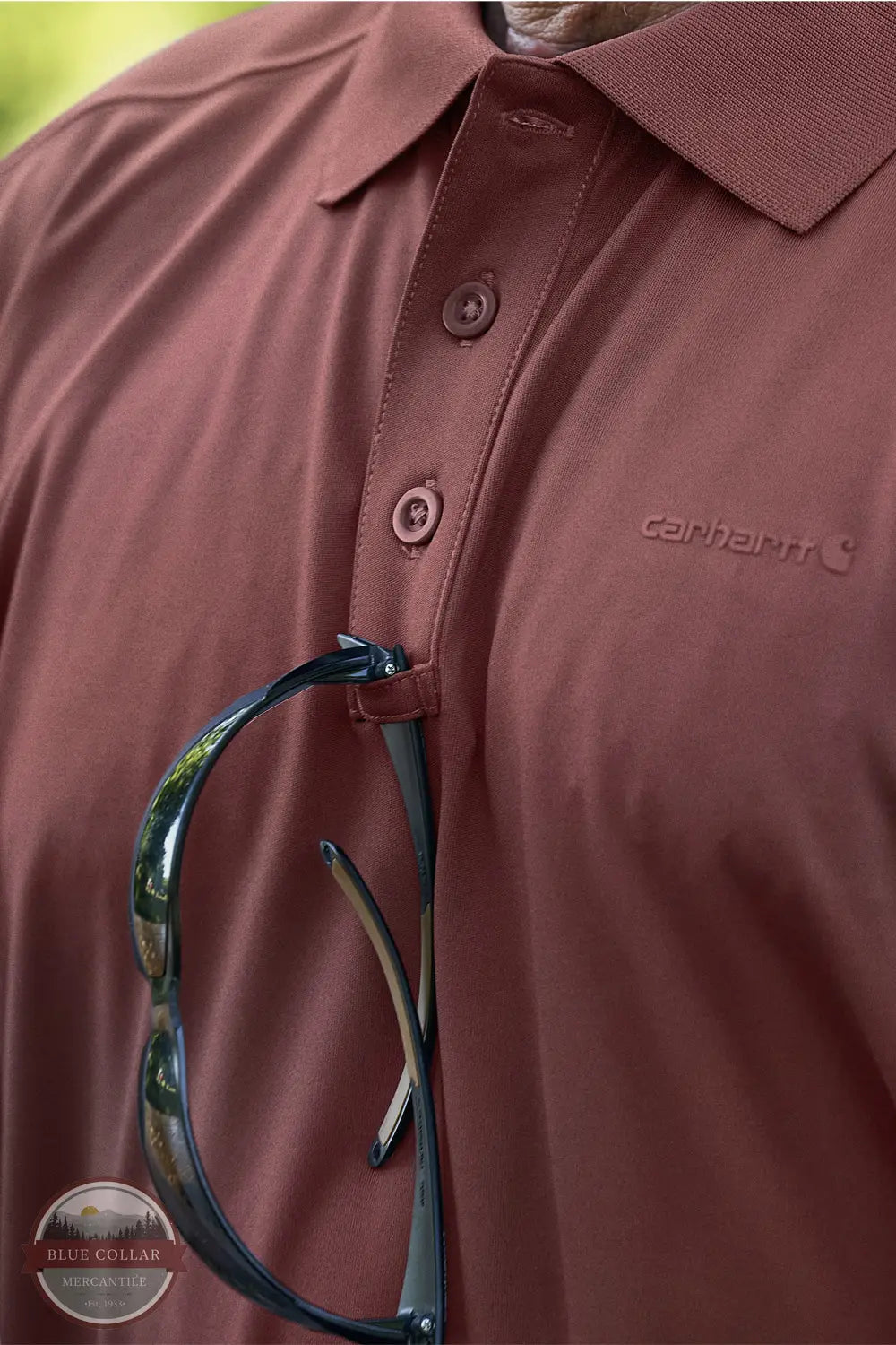 Carhartt 106901 Force Sun Relaxed Fit Short Sleeve Polo Shirt in red, sunglass hook under buttons