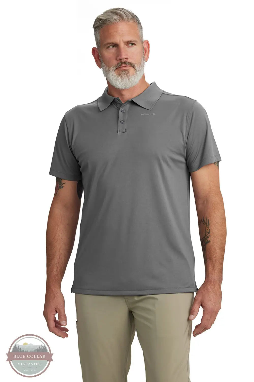 Carhartt 106901 Force Sun Relaxed Fit Short Sleeve Polo Shirt in gray, model front