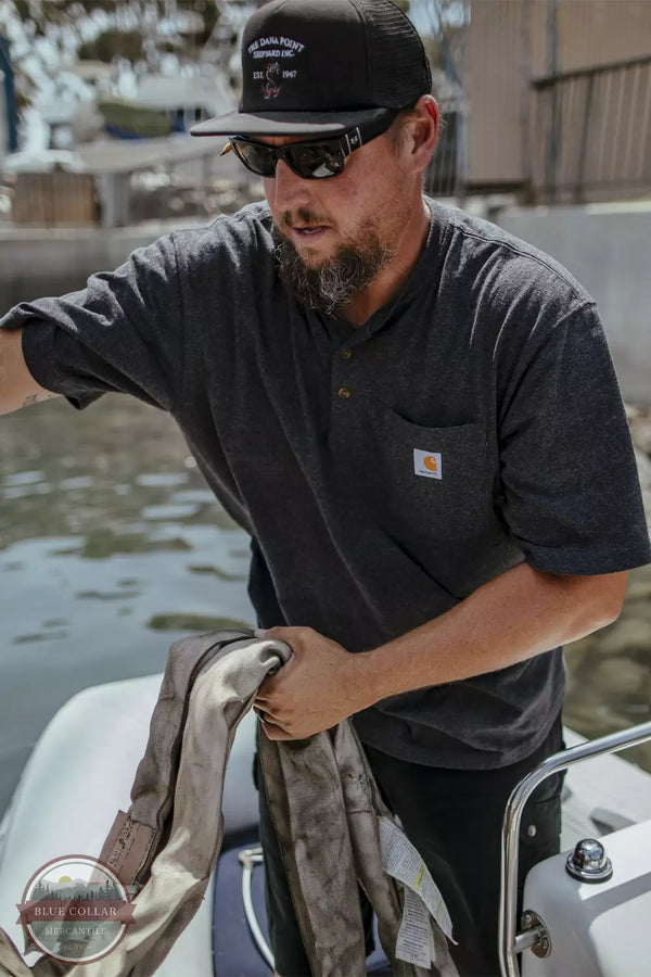 Carhartt K84 Loose Fit Heavyweight Short Sleeve Pocket Henley T-Shirt Black Life View. Available in multiple colors