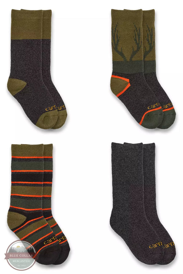 Carhartt SC1034J-Asst01 Kid's Heavyweight Crew Socks 4-Pack in Green & Gray All Pairs View