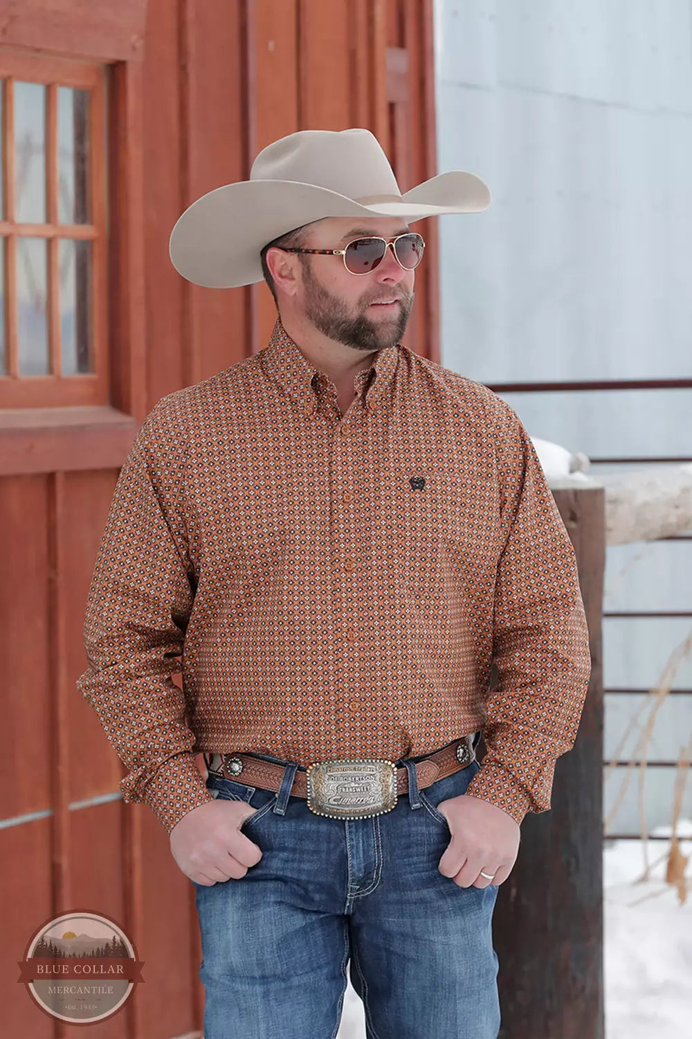 Cinch MTW1105669 Gold Diamond Print Long Sleeve Button Down Shirt Front Life View