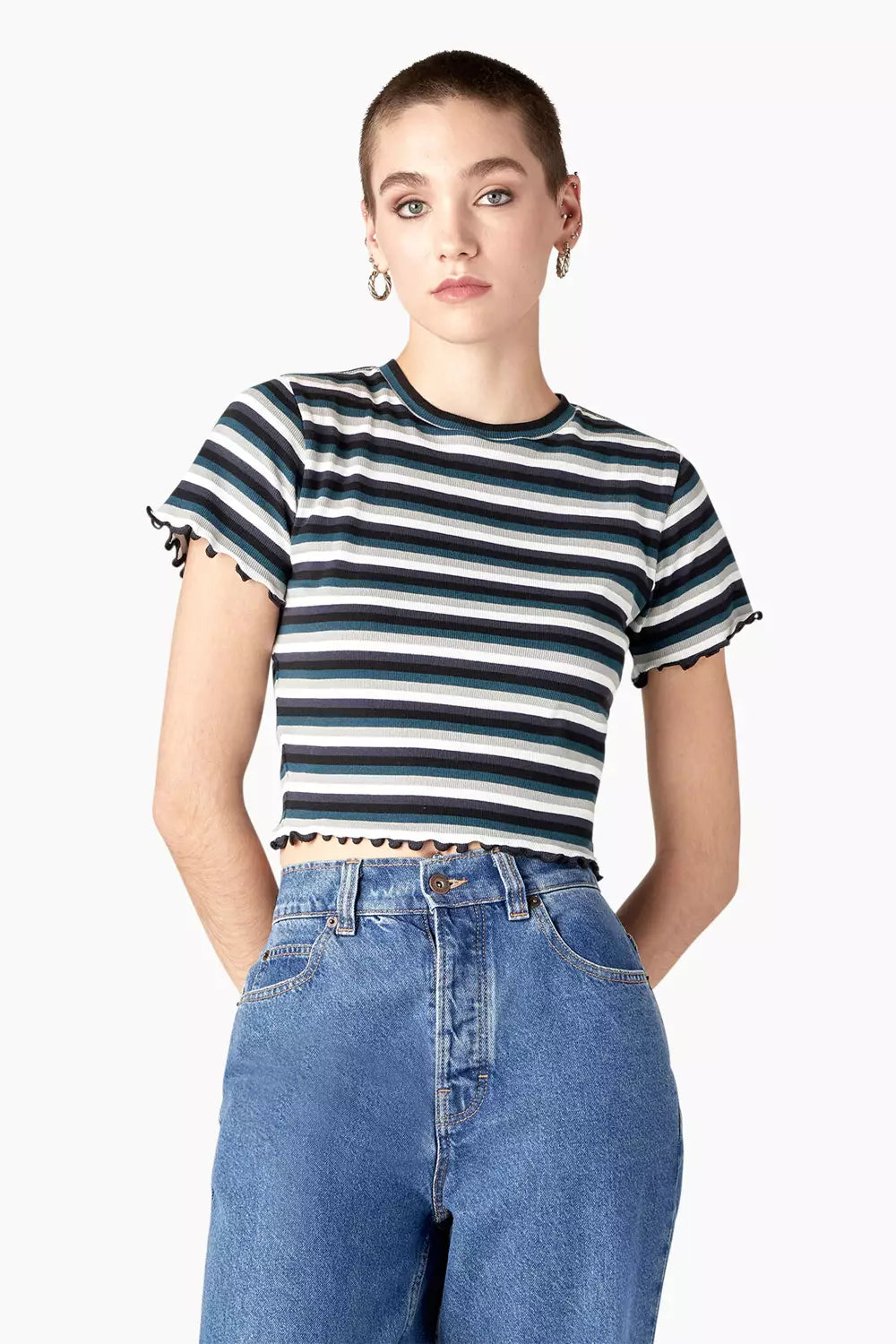 Dickies FSR51 Striped Cropped Baby T-Shirt Black Teal Explorer Front View