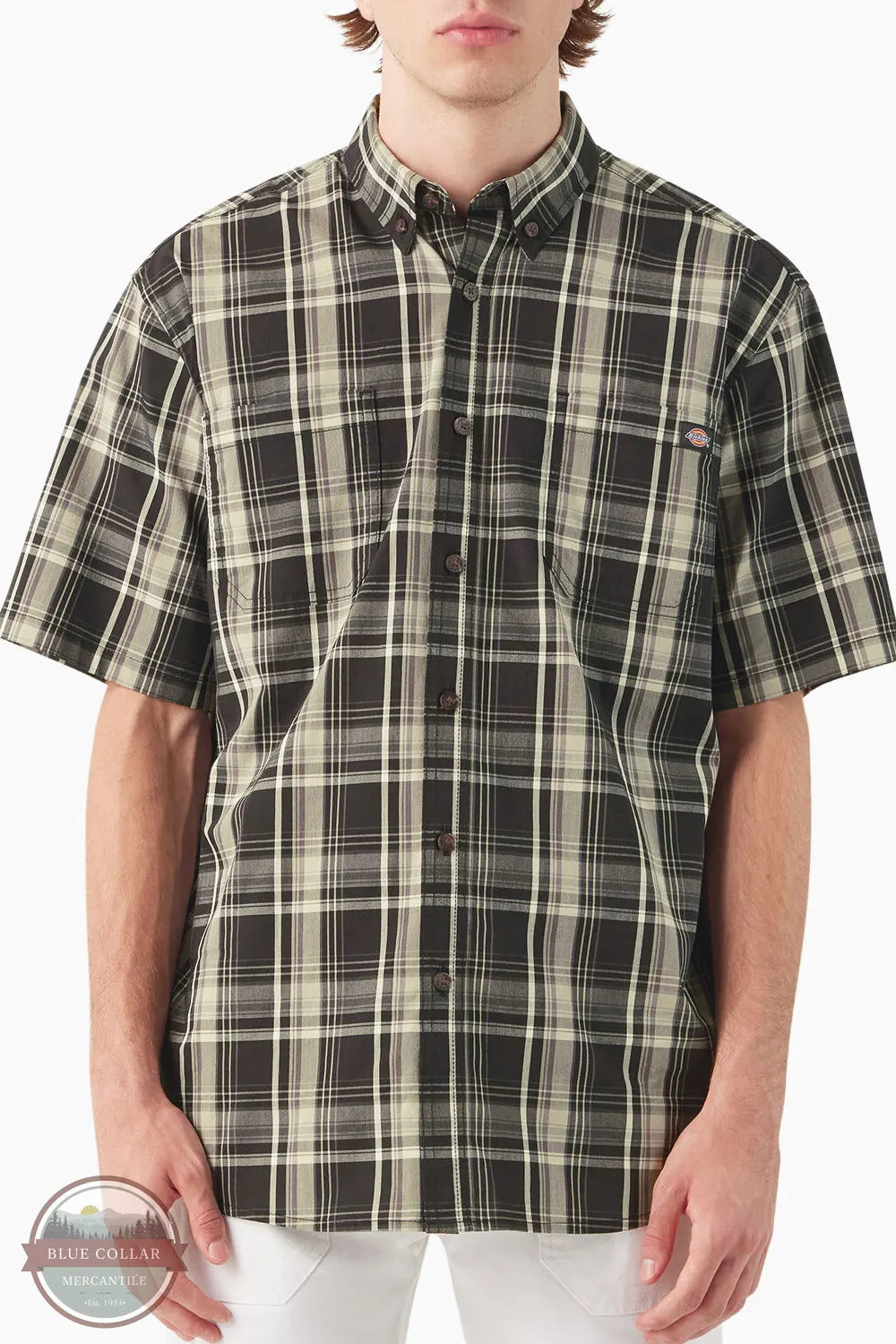 Dickies WS551 BlkFlex Short Sleeve Woven Plaid Work Shirt in Black Model Front View