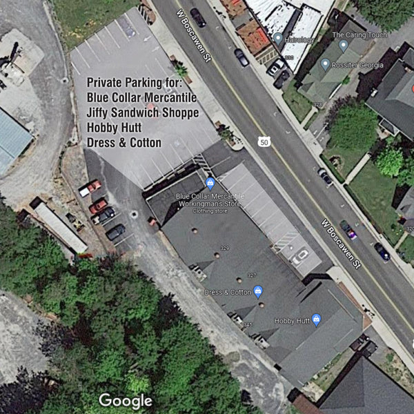 Private parking for Blue Collar Mercantile, Jiffy Sandwich Shoppe, Hobby Hutt and Dress & Cotton