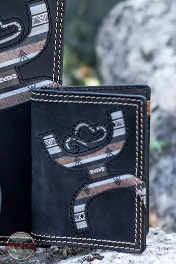 Hooey HFW018-BK Original Bifold Money Clip Wallet in Black with Lakota Print Life View