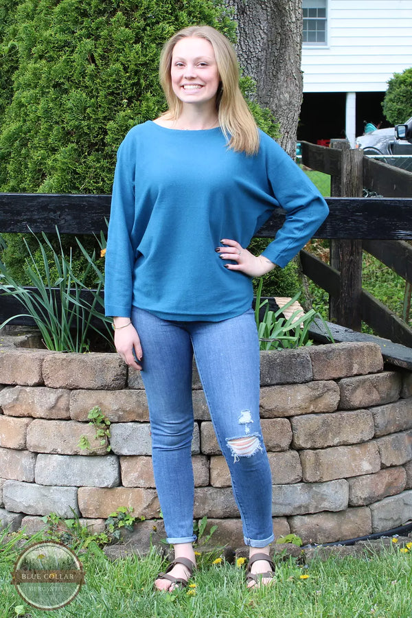 Keren Hart 26082 Boat Neck Long Dolman Sleeve Shirt Teal Front View