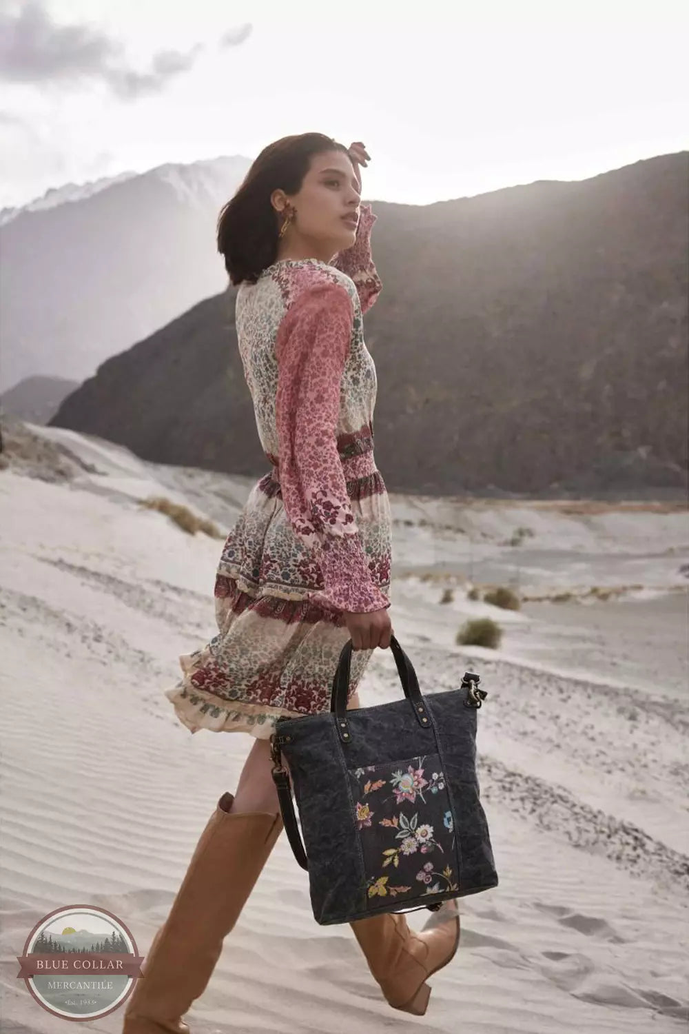 Myra Bag S-8172 Cavender Floral Canvas Tote Bag in Black Life View