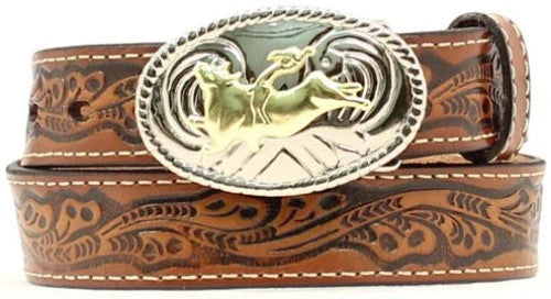 Nocona N4410402 Leather Belt with Bullrider Buckle front of belt
