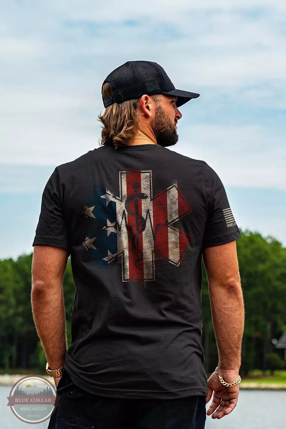 Nine Line EMSFLAG-TSTRI-CHARCOAL EMS Flag Tri-Blend Short Sleeve T-Shirt in Charcoal Black Life View