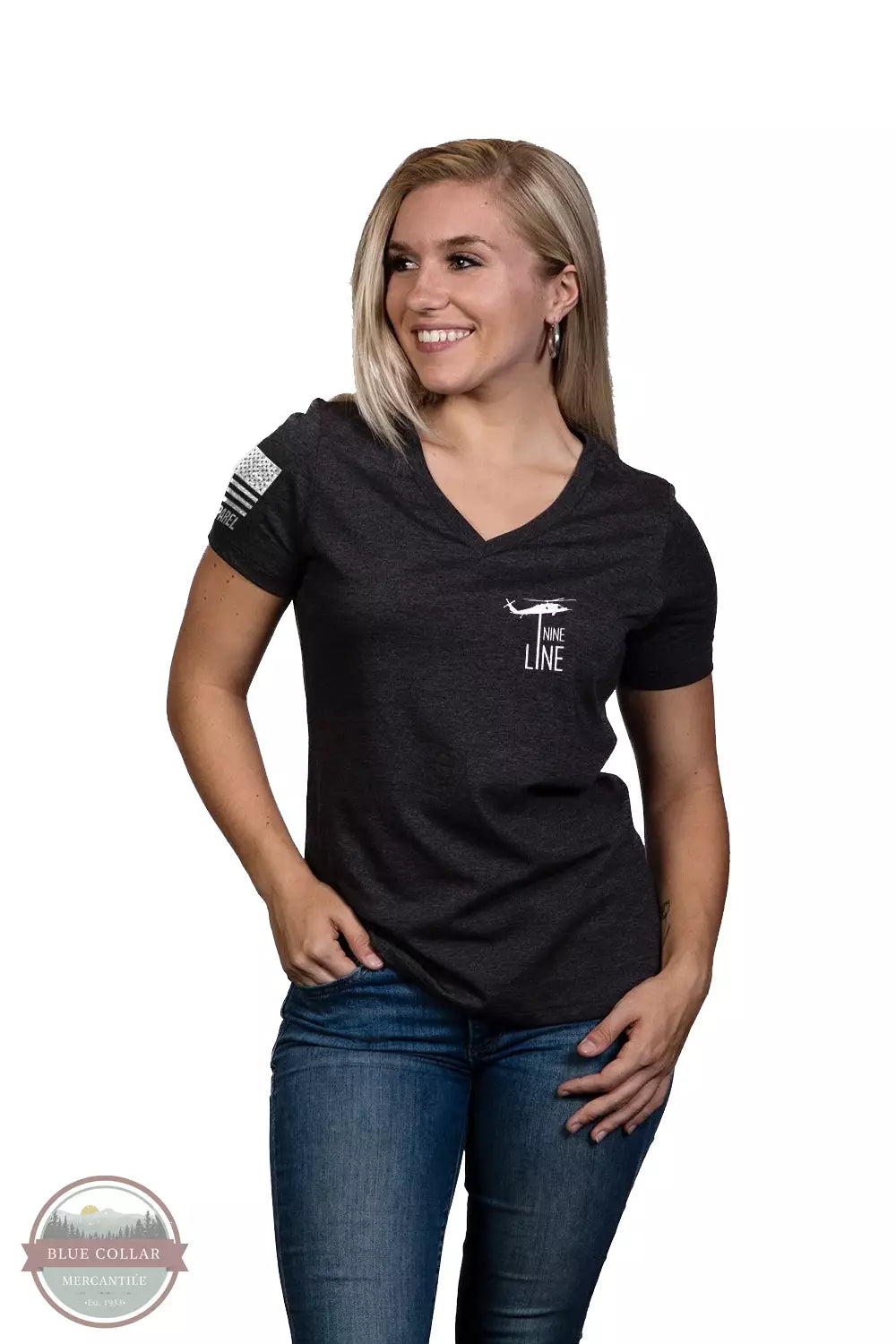 Nine Line FLAGSCH-WRVN-HTHRDARKGREY American Flag Schematic Relaxed Fit V-Neck T-Shirt in Dark Heather Grey Front View
