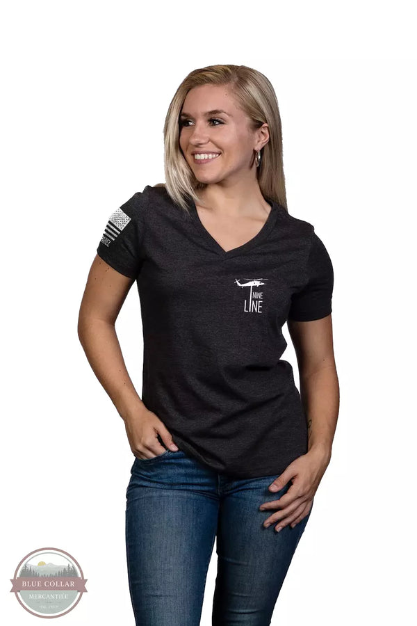 Nine Line FLAGSCH-WRVN-HTHRDARKGREY American Flag Schematic Relaxed Fit V-Neck T-Shirt in Dark Heather Grey Front View