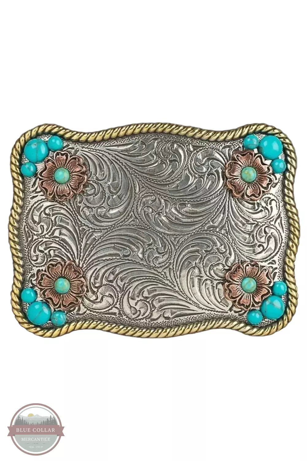 Nocona 37929 Flower and Turquoise Accented Rectangle Buckle Front View