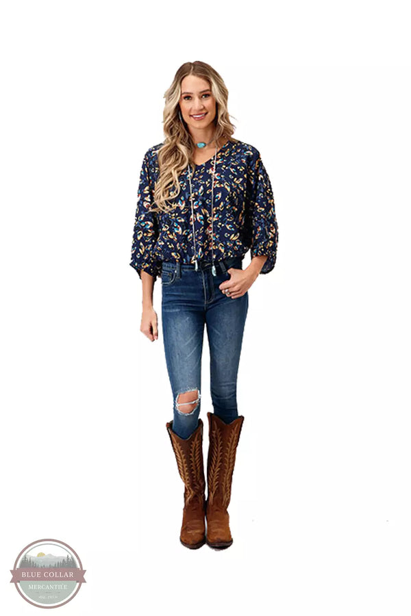Roper 03-050-0590-7081 BU V-Neck Raglan Quarter Sleeve Blouse in Navy Feather Foliage Print Full View