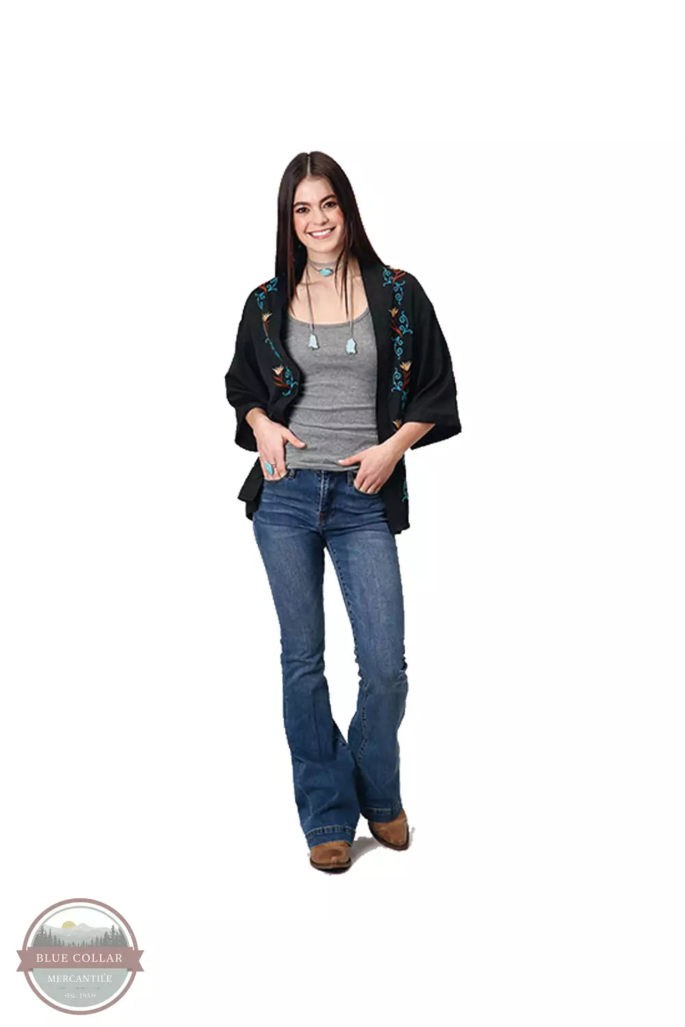 Roper 03-500-0565-0148 BL Embroidered Lightweight Cardigan in Black Full View