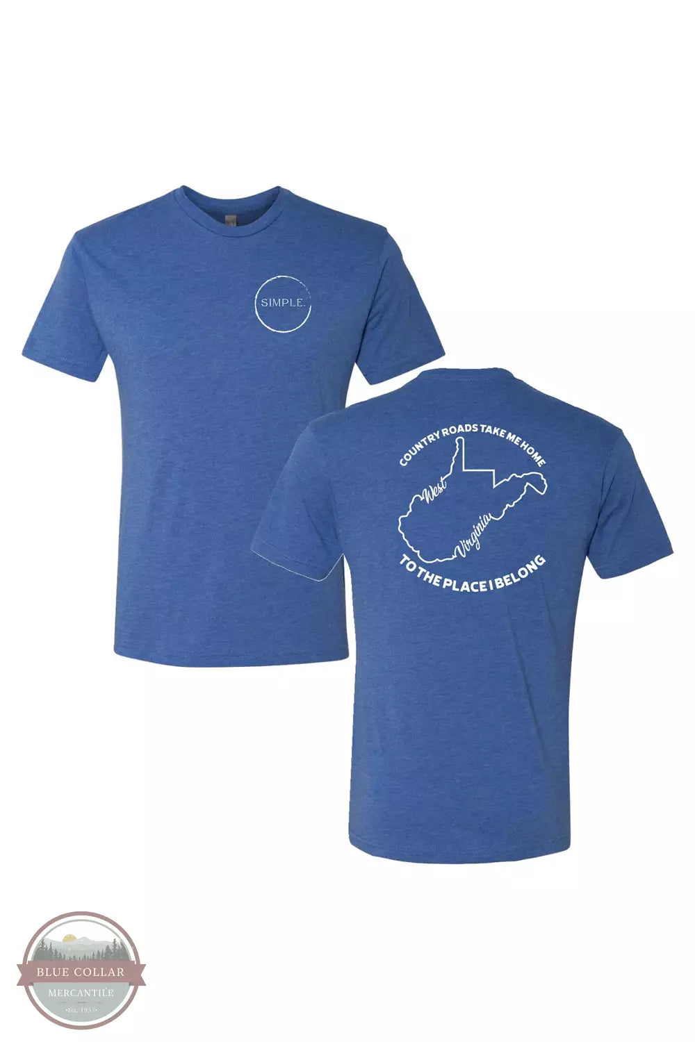 Simple COUNTRY ROADS Country Roads Take Me Home T-Shirt in Blue Front and Back View