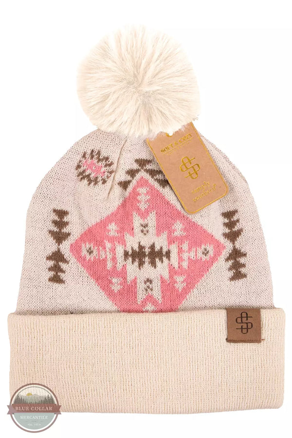 Simply Southern 0223-SIMPLY-BEANIE Pom Beanie with Aztec Print Cream Side View