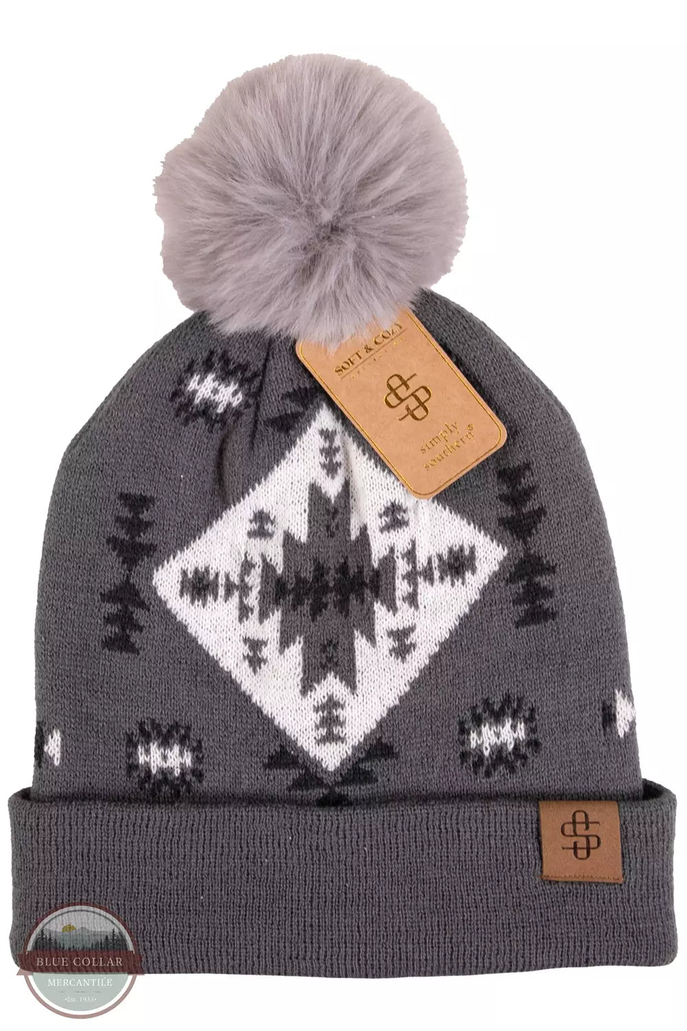 Simply Southern 0223-SIMPLY-BEANIE Pom Beanie with Aztec Print Grey Side View