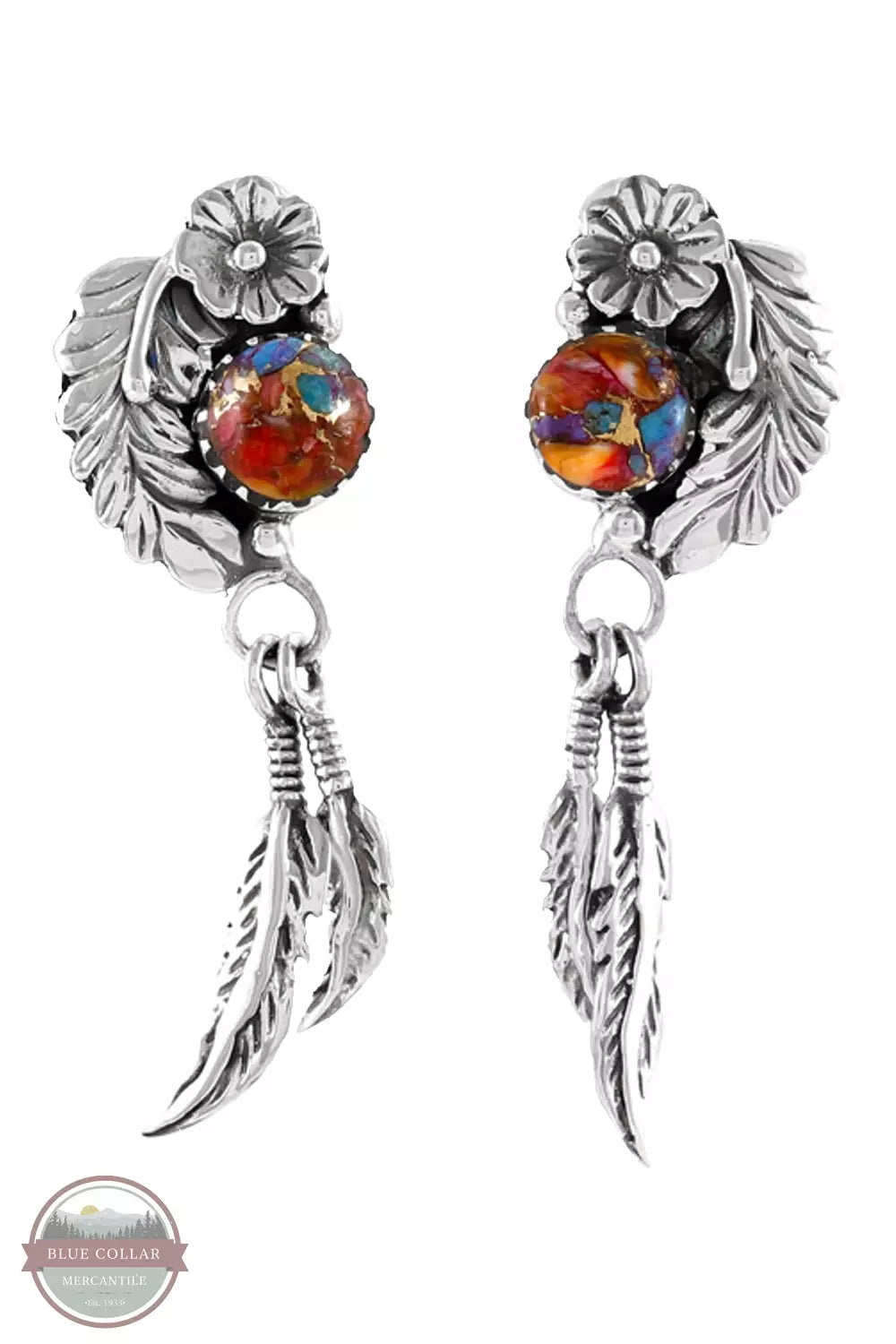 Turquoise Factory E1413 Feather Sterling Silver Earrings Rainbow Spiny Front View