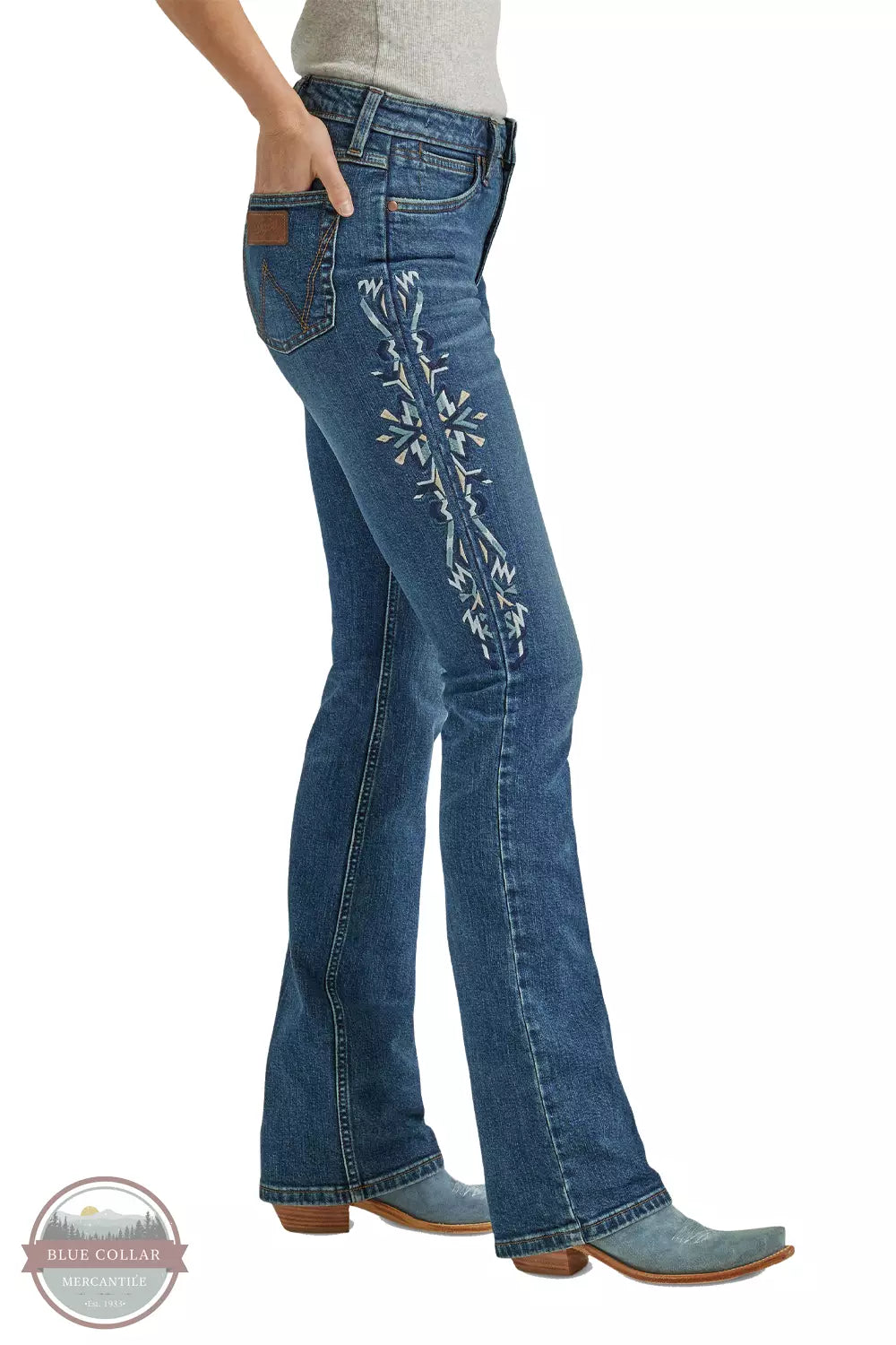Wrangler 112338917 Retro Embroidered High Rise Slim Boot Jeans in Bethany