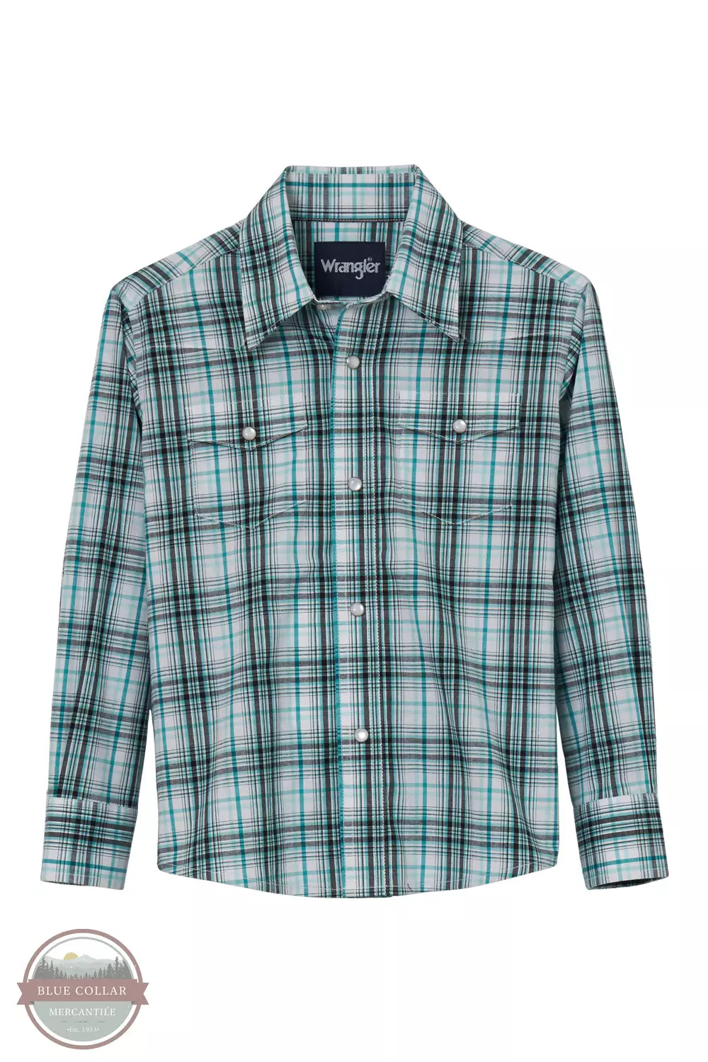 Wrangler 112344414 Wrinkle Resistant Long Sleeve Western Snap Shirt in  Turquoise Plaid